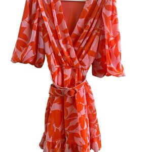 Taylor Women’s Bright Orange Pink Floral Chiffon Fit Flair Belted Dress Sz‎ 10
